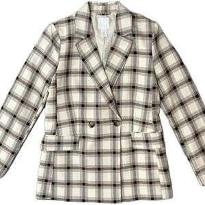 H&M Blazer Beige Brown Plaid Women’s Jacket Double Breasted Size SM.